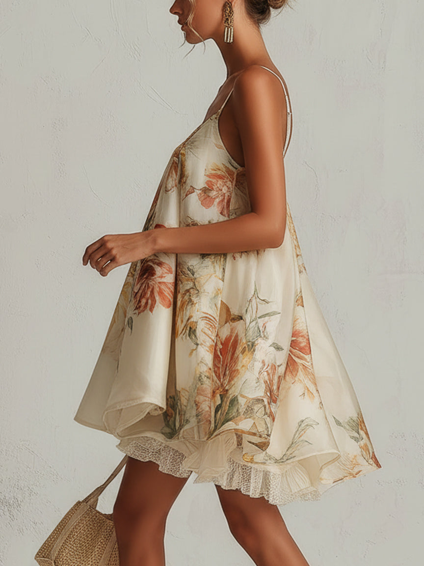 FERNANDA | Vestido corto de organza beige con motivo floral y borde de encaje