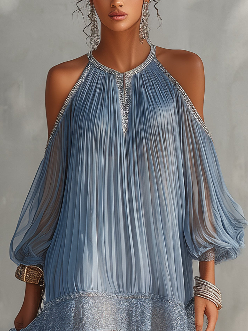 ADELA | Vestido corto azul con hombros descubiertos y bajo de encaje