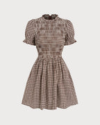AITANA | Minivestido de manga abullonada en cuadros vichy color café