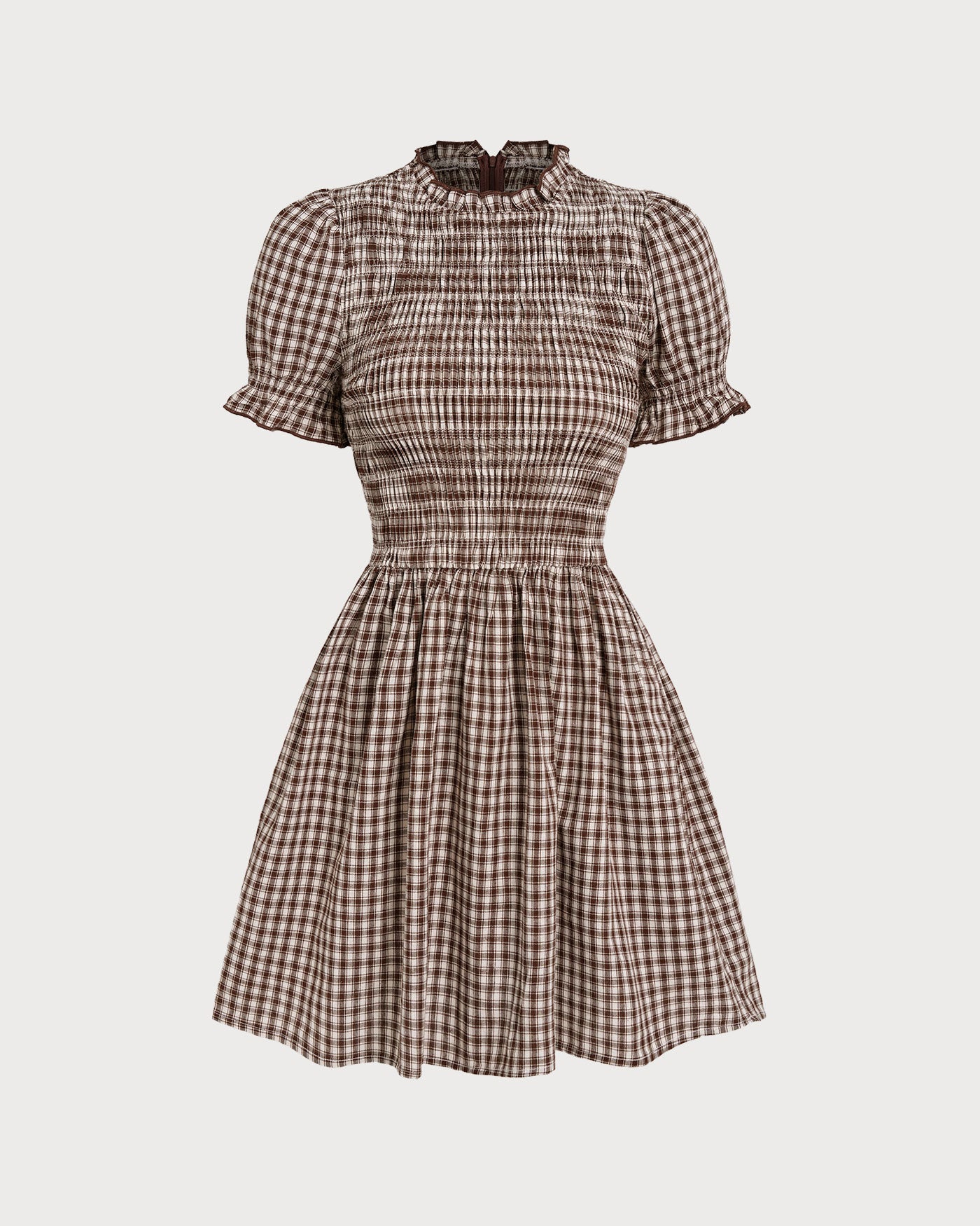 AITANA | Minivestido de manga abullonada en cuadros vichy color café
