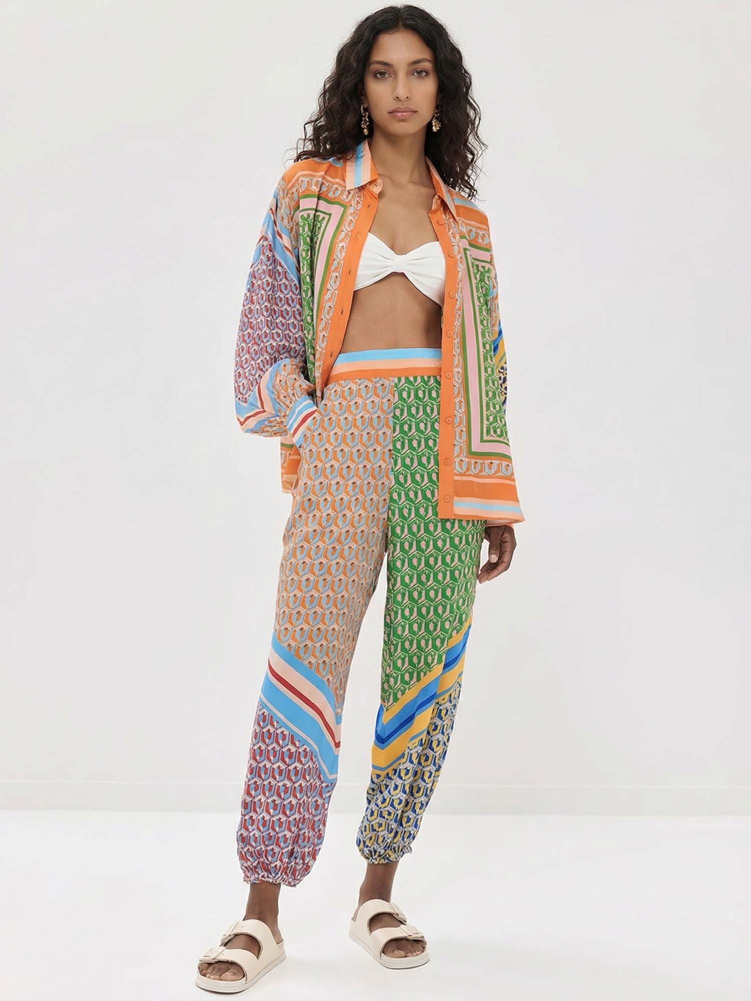 Print Oversized Button-Up Shirt with Colorblock Details