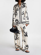 Black Coral Print Wide-Leg Pants