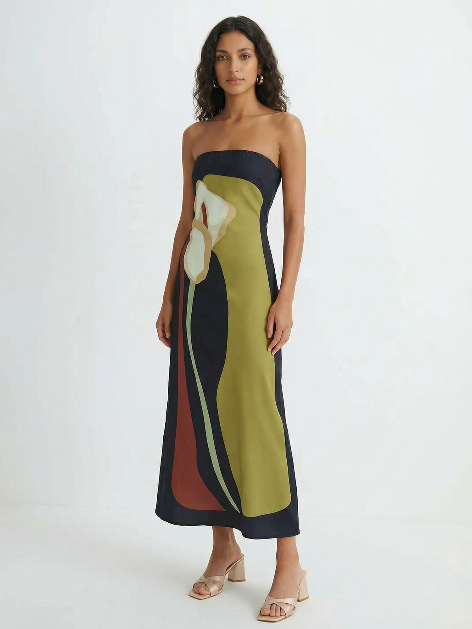 Abstract Floral Print Strapless Maxi Dress