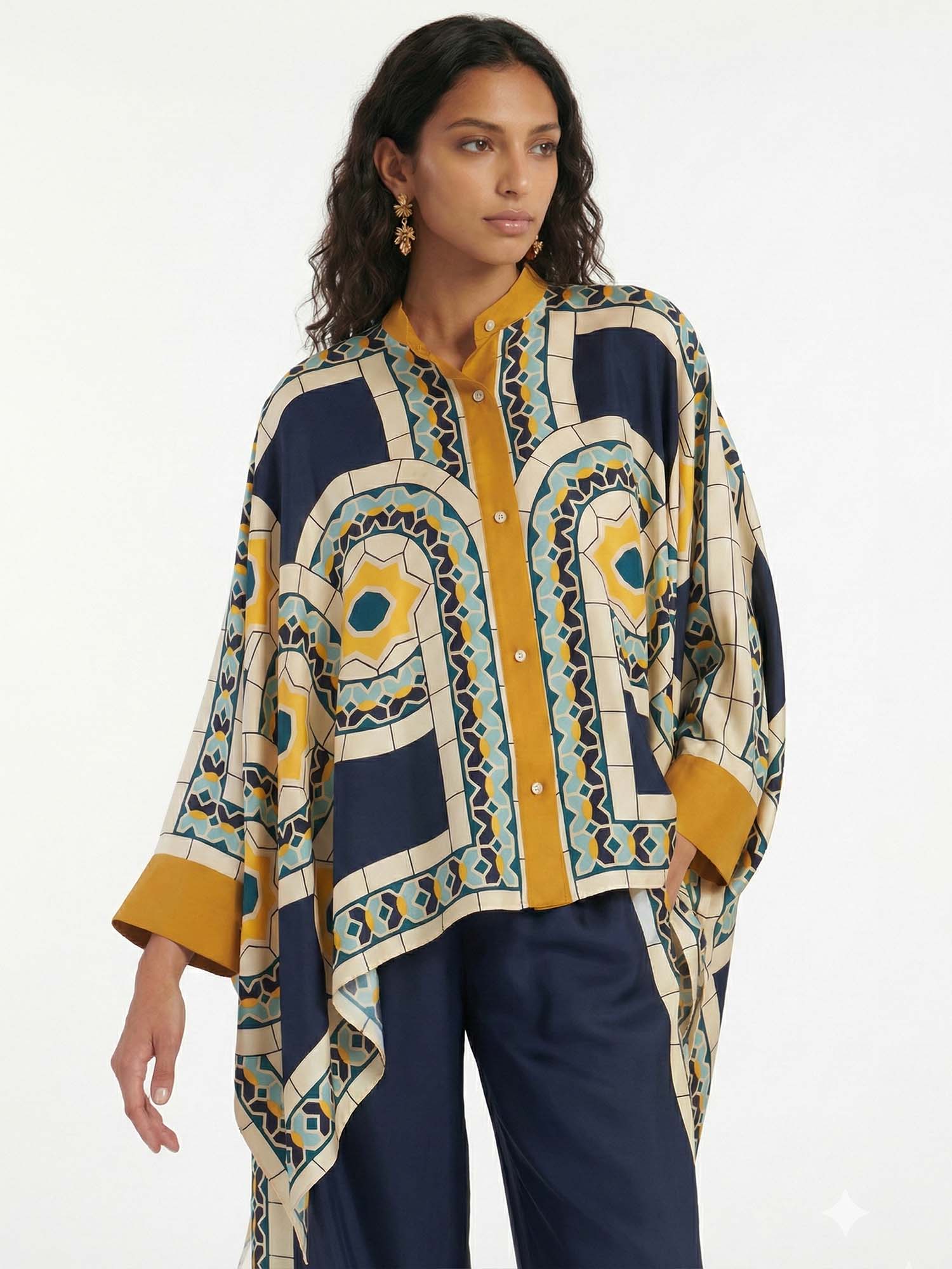 Geometric Print Oversized Button-Up Shirt
