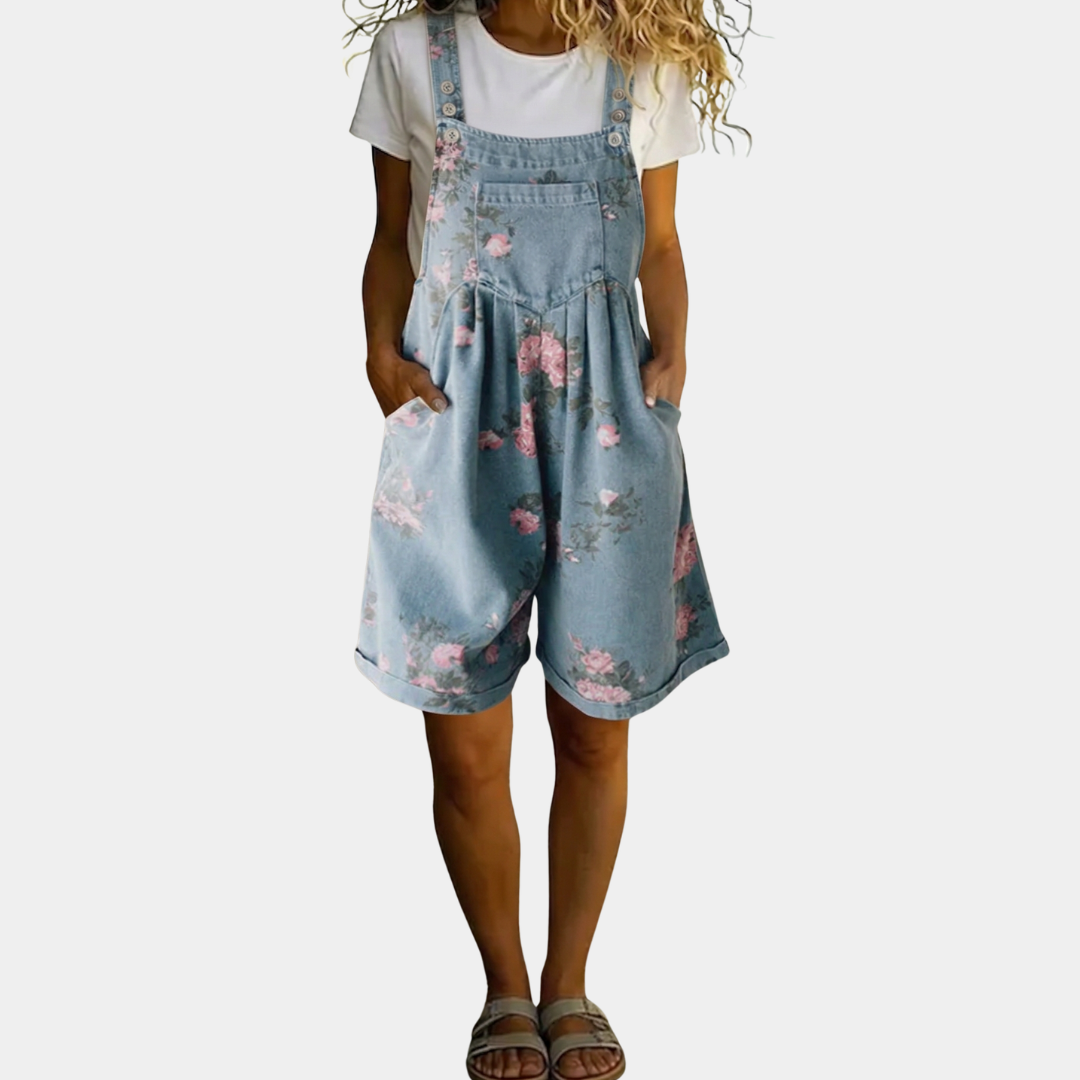 Judy | Denim Lavato Vintage con Sensazione di Cotone Morbido Salopette Floreale