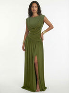 Olive Drape Goddess Maxi Dress