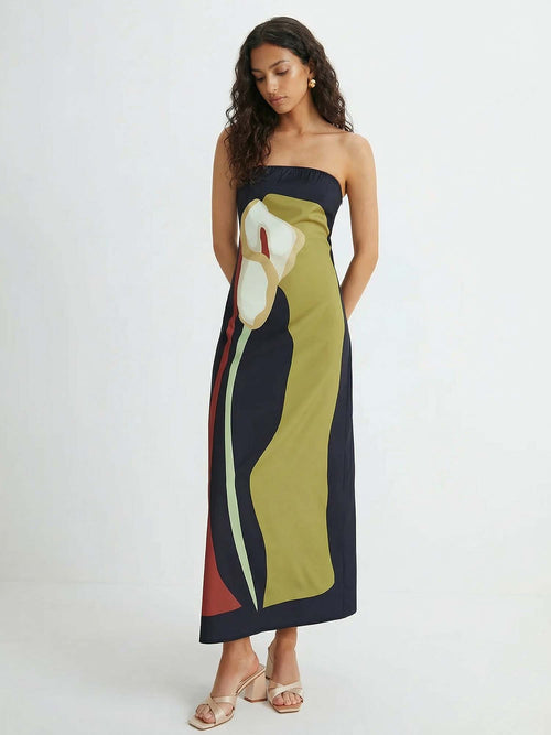 Abstract Floral Print Strapless Maxi Dress