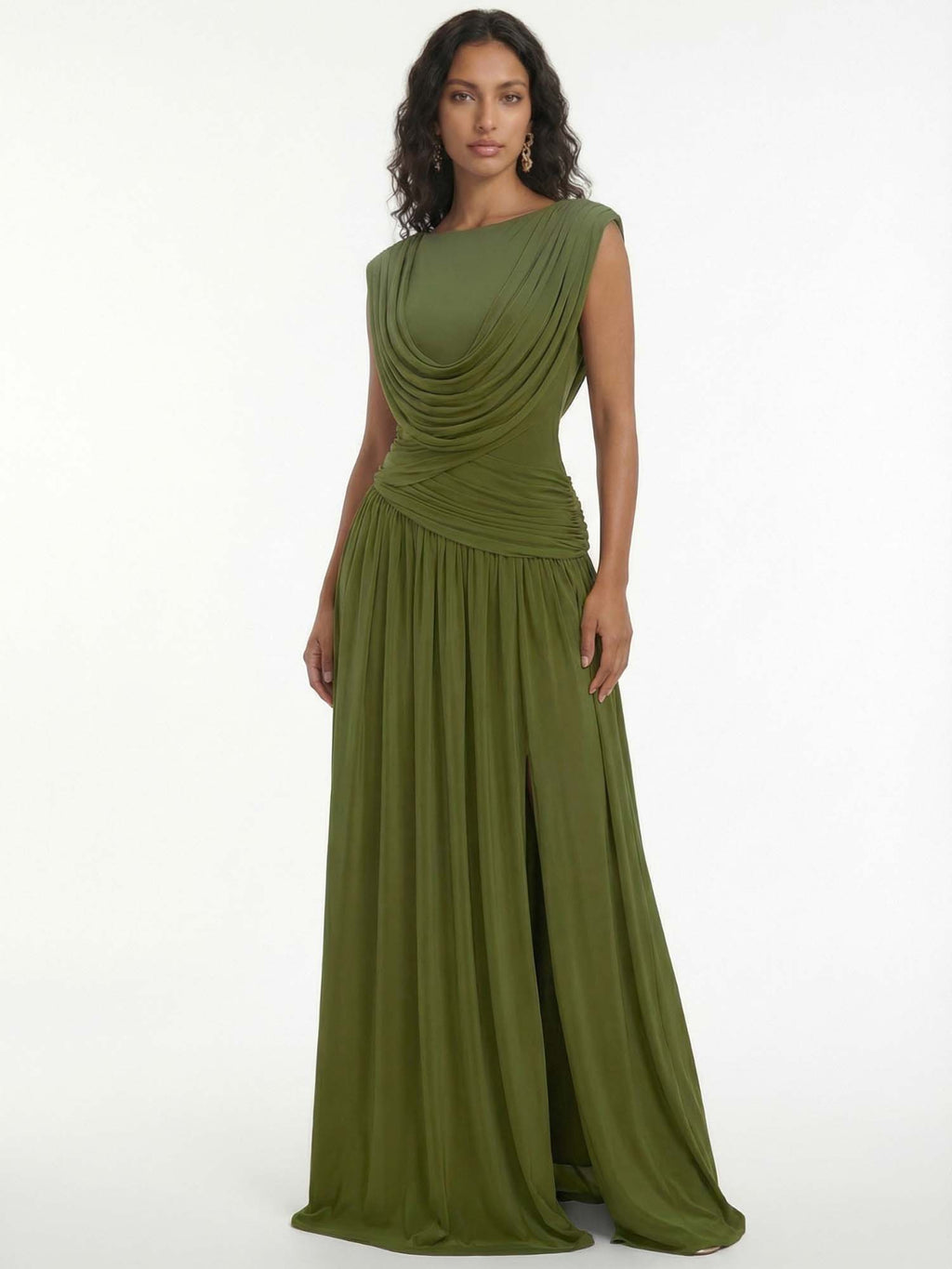 Olive Drape Goddess Maxi Dress