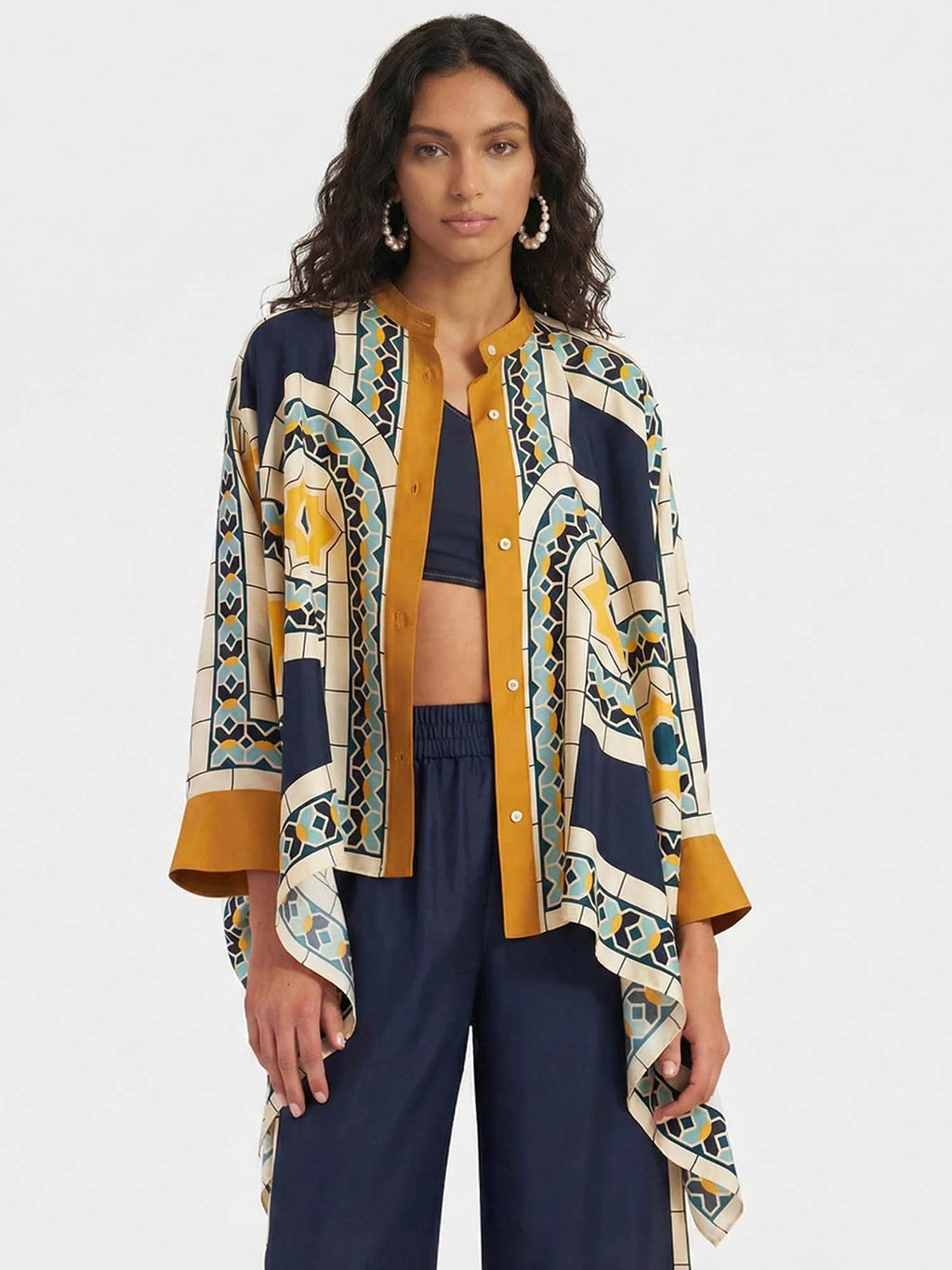 Geometric Print Oversized Button-Up Shirt