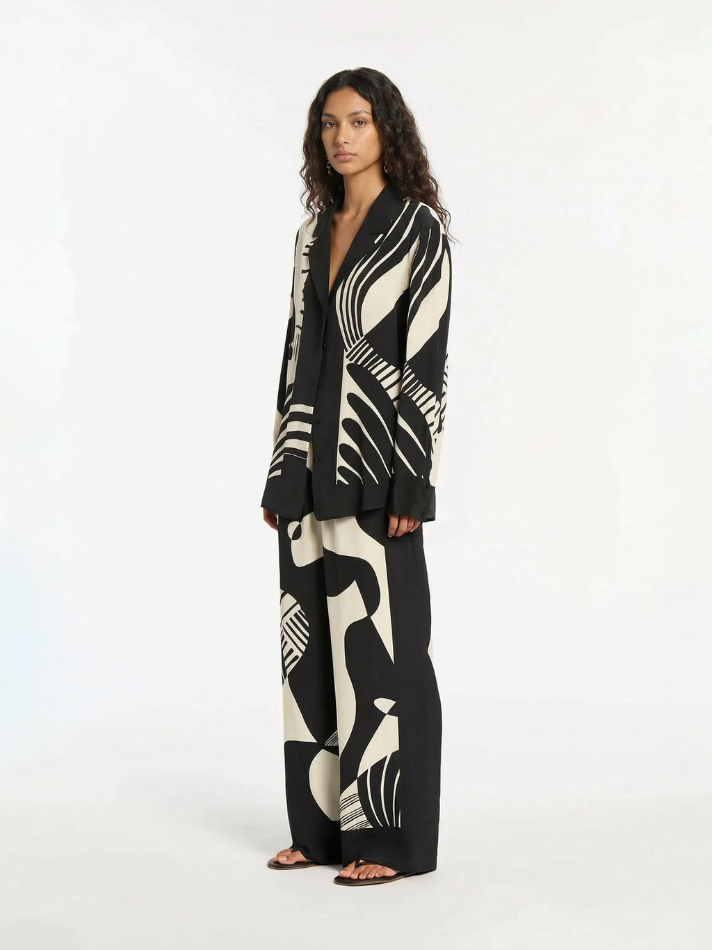 Abstract Black and White Print Wide-Leg Pants