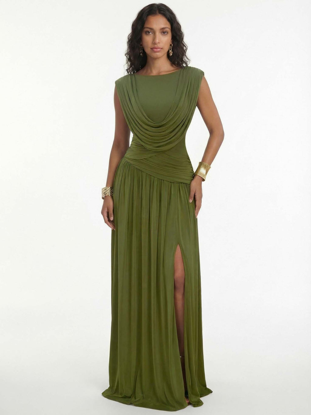 Olive Drape Goddess Maxi Dress