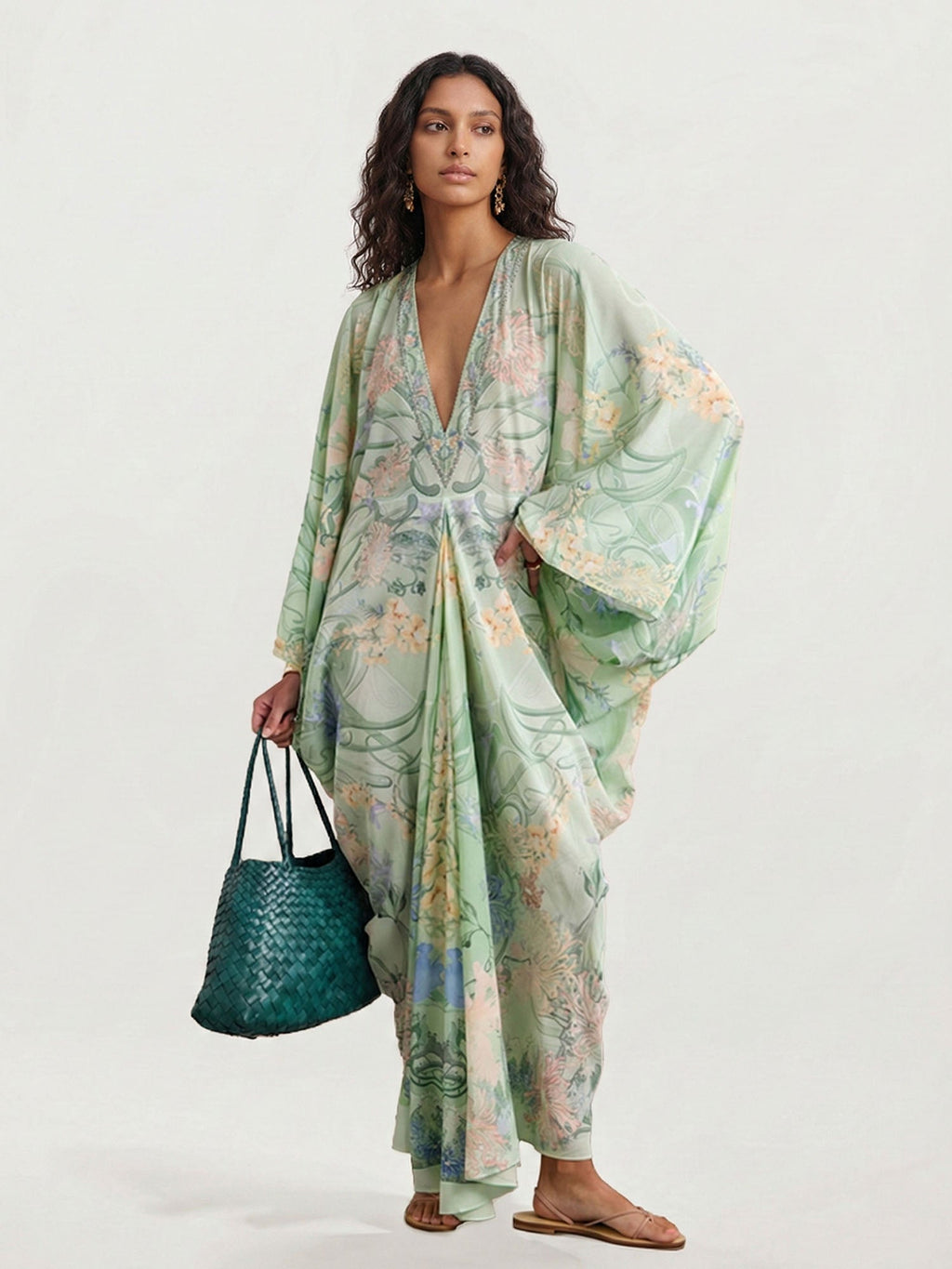 Green Floral Plunge Maxi Dress