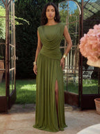 Olive Drape Goddess Maxi Dress