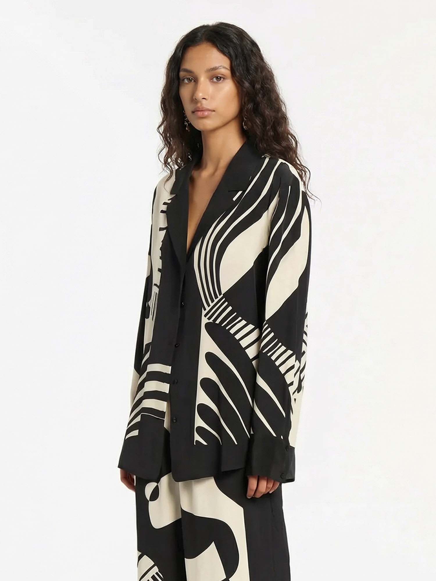 Abstract Black and White Print Button-Up Shirt