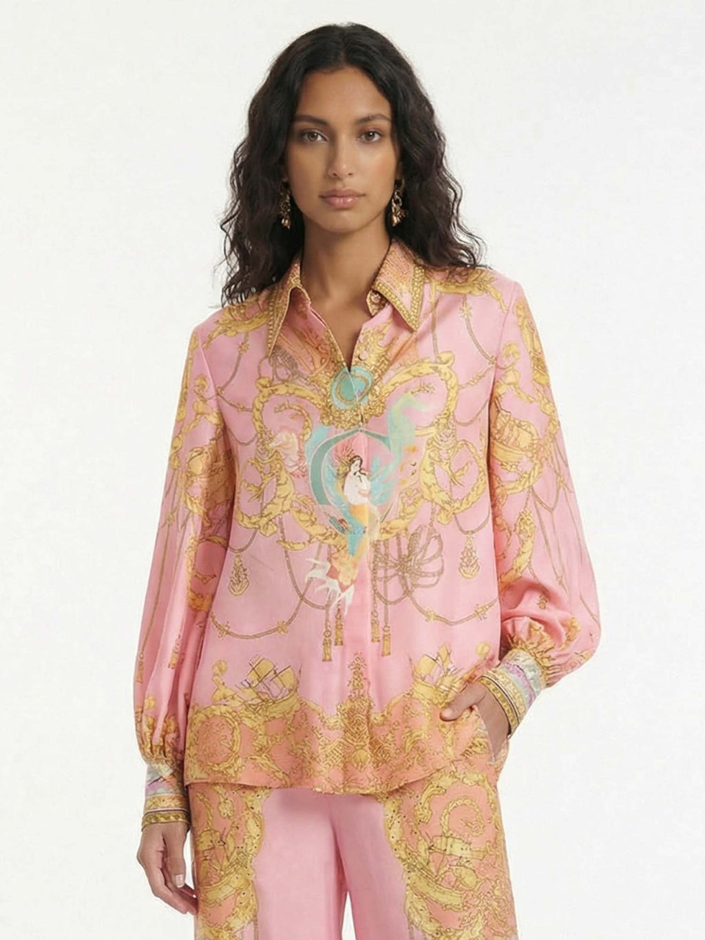 Puff-Sleeve Blouse with Fish Print
