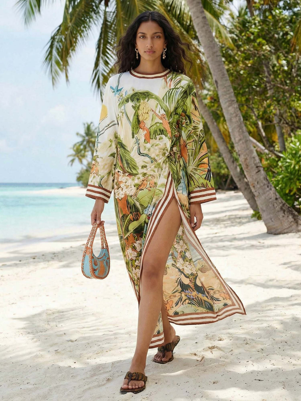 CELESTE | Vestido largo tropical con manga kimono y abertura