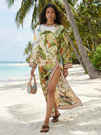 CELESTE | Vestido largo tropical con manga kimono y abertura