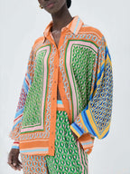 Print Oversized Button-Up Shirt with Colorblock Details
