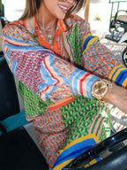 Print Oversized Button-Up Shirt with Colorblock Details