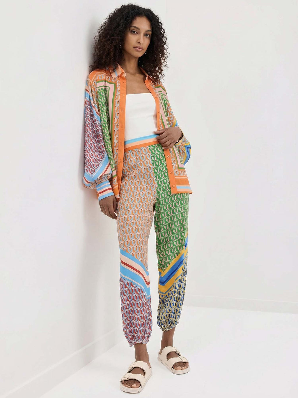 Print Oversized Button-Up Shirt with Colorblock Details