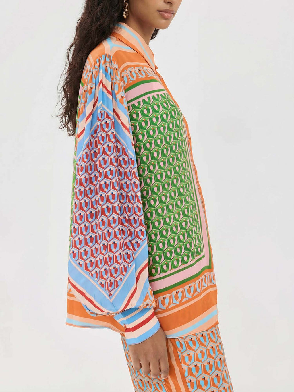 Print Oversized Button-Up Shirt with Colorblock Details