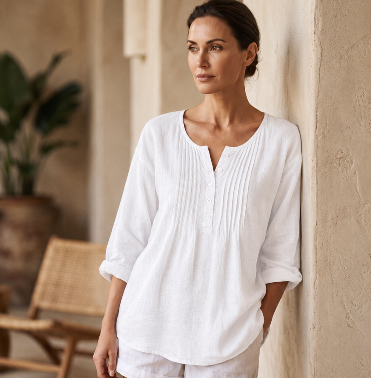 MIRANDA | Blusa de manga larga con pliegues y cuello Henley