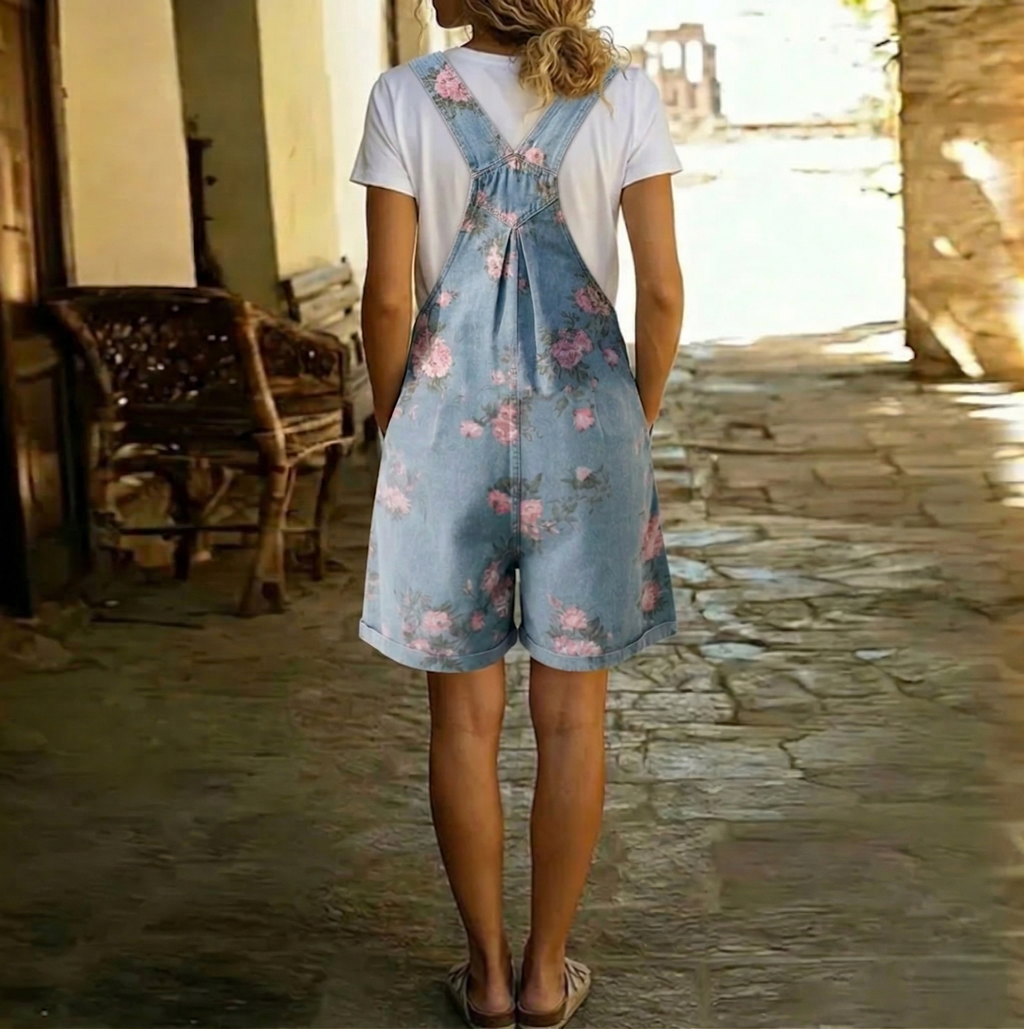 Judy | Denim Lavato Vintage con Sensazione di Cotone Morbido Salopette Floreale