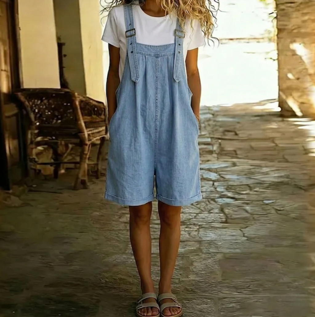 Clara | Salopette in Denim di Cotone Morbido Effetto Vintage Lavato Blu Chiaro