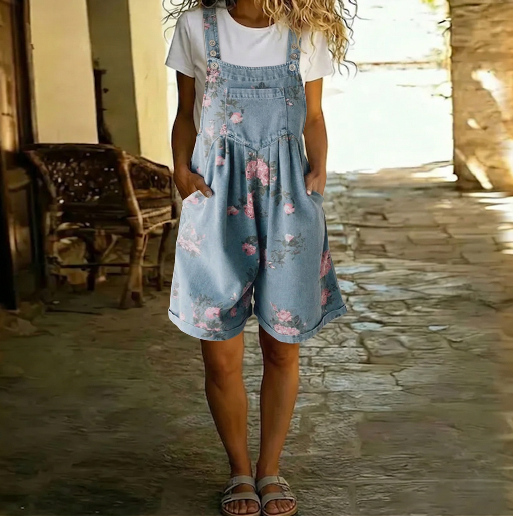 Judy | Denim Lavato Vintage con Sensazione di Cotone Morbido Salopette Floreale