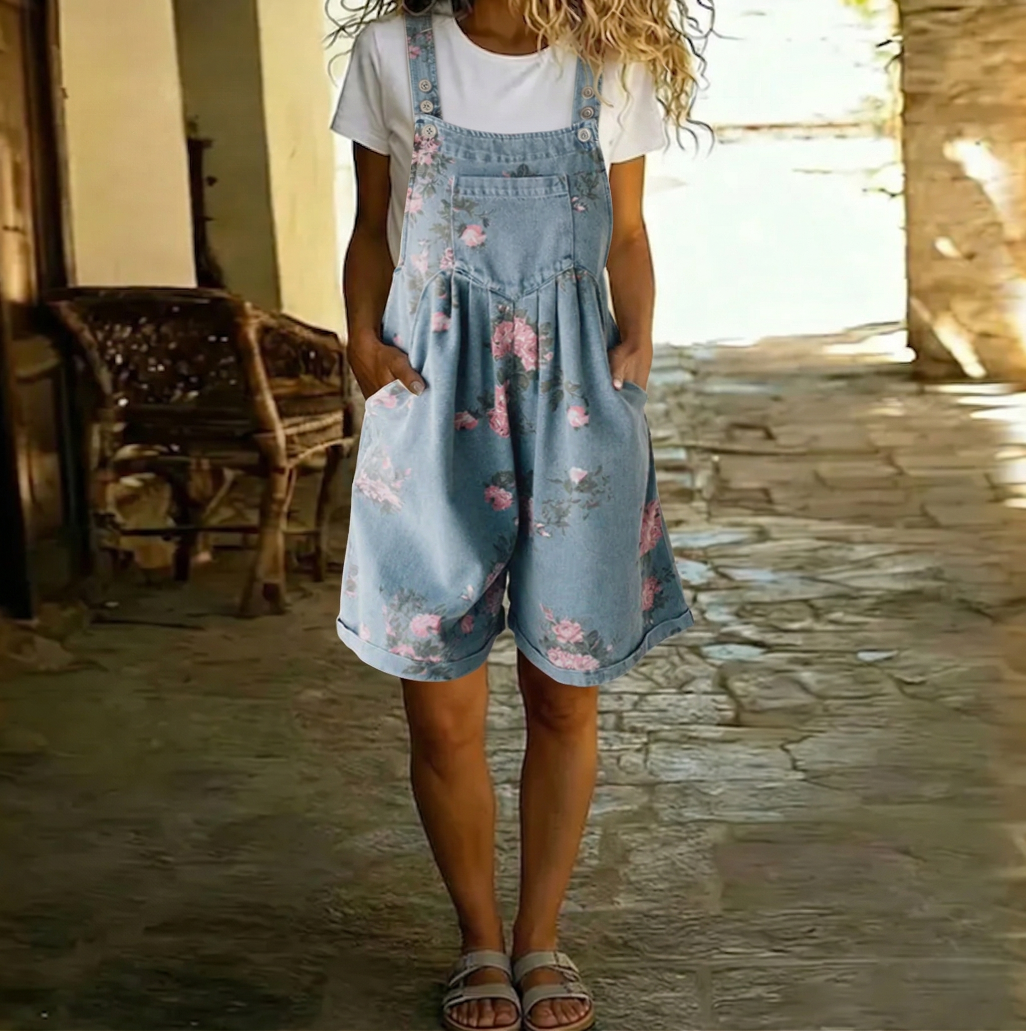 Judy | Denim Lavato Vintage con Sensazione di Cotone Morbido Salopette Floreale