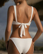 White V Neck Textured Bralette Bikini Set