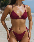 Wine Red Textured Drawstring Bikini Set
