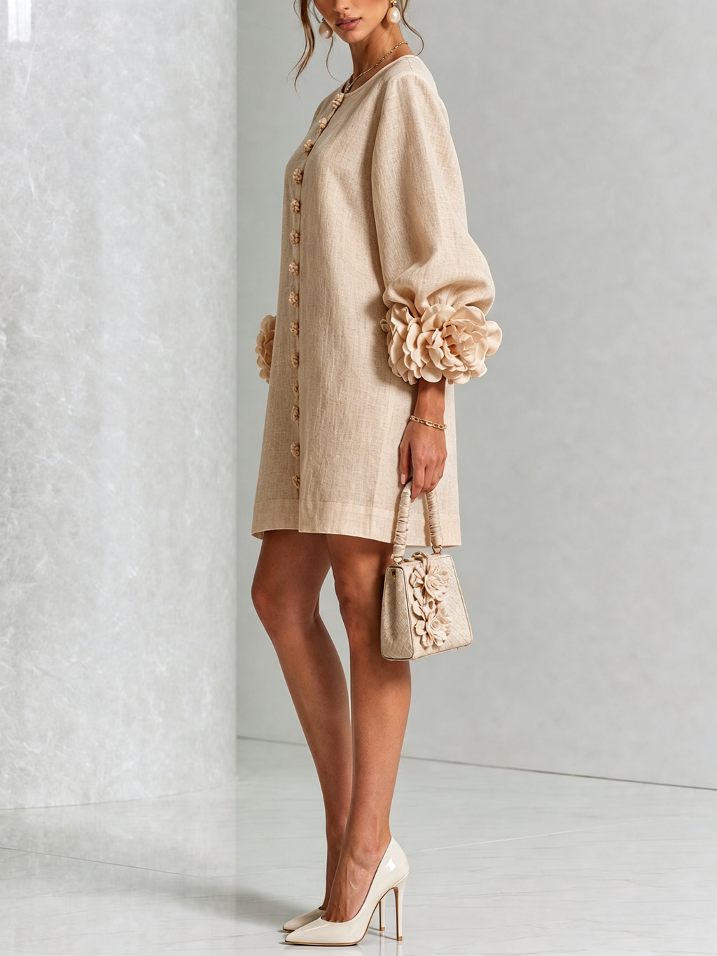 AMPARO | Vestido corto con botones de flor y mangas abullonadas