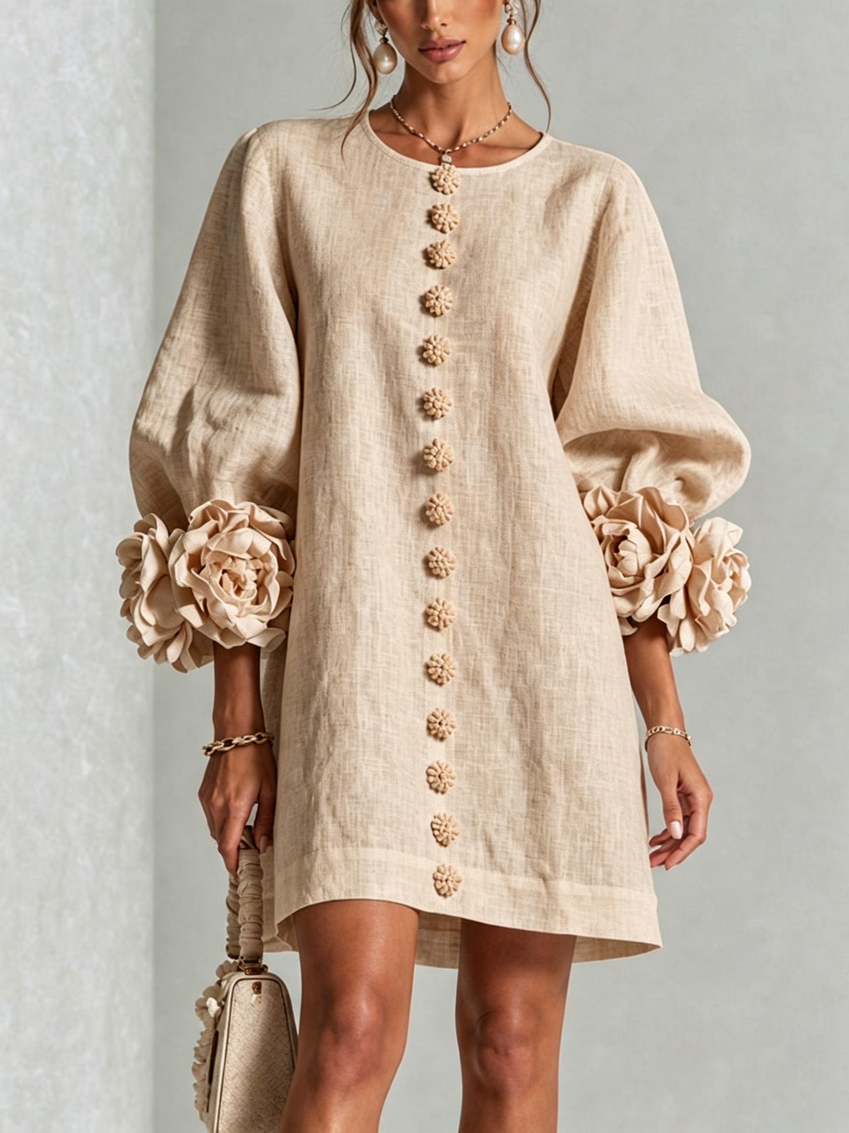 AMPARO | Vestido corto con botones de flor y mangas abullonadas