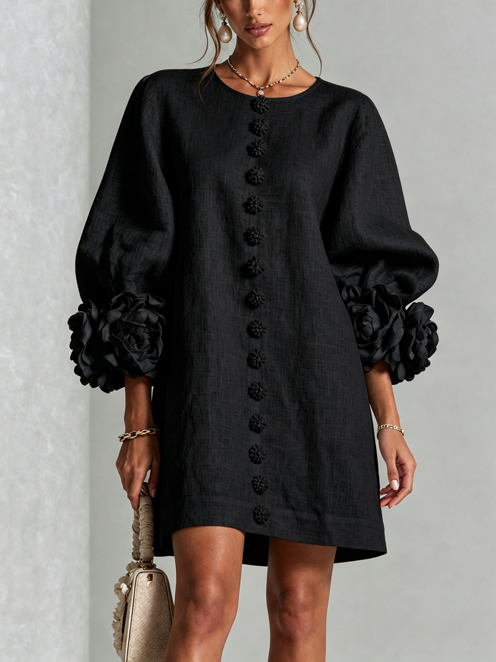 Floral Button-down Mini Dress With Striking Floral Cuffs