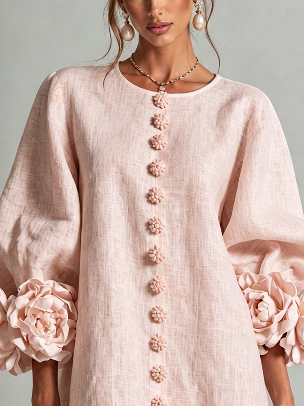 BÁRBARA | Vestido corto floral rosa con botones y mangas de flor