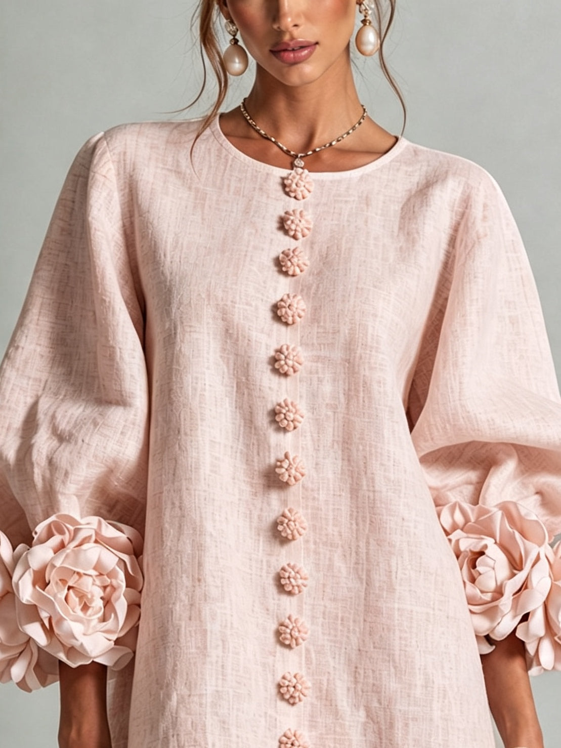 BÁRBARA | Vestido corto floral rosa con botones y mangas de flor