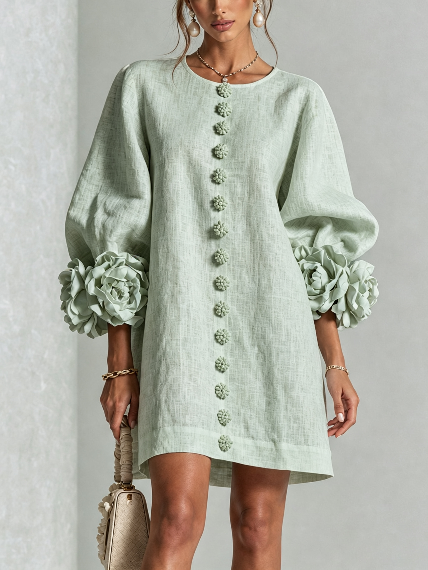 AMPARO | Vestido corto con botones de flor y mangas abullonadas