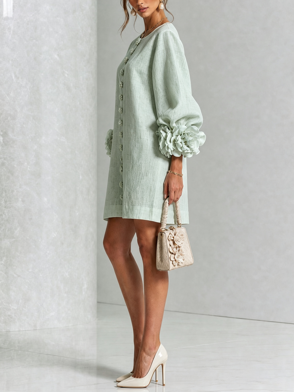AMPARO | Vestido corto con botones de flor y mangas abullonadas