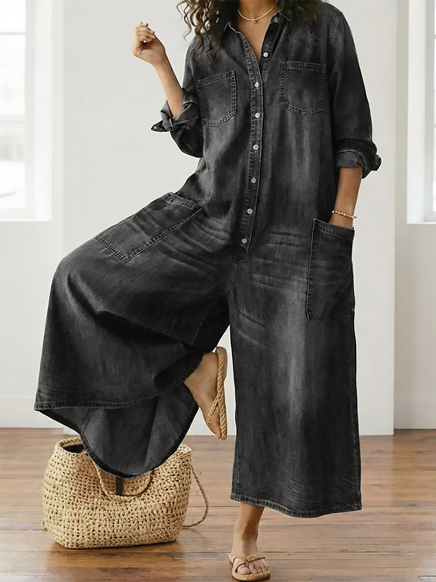 Diana | Vintage jumpsuit in denim cotone morbido lavato con bottoni