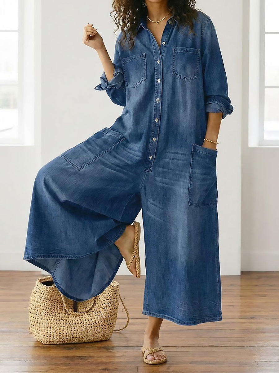 Diana | Vintage jumpsuit in denim cotone morbido lavato con bottoni