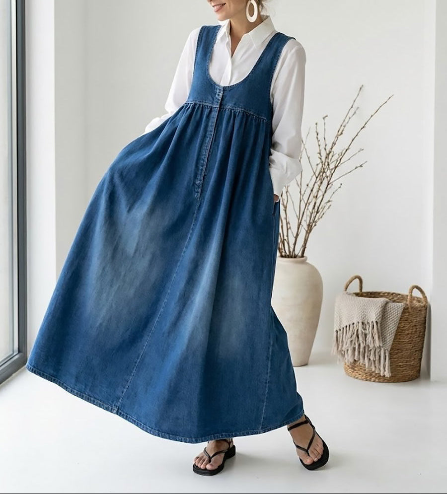 Karen | Vestito Lungo in Denim Lavato Vintage con Tocco di Cotone Morbido