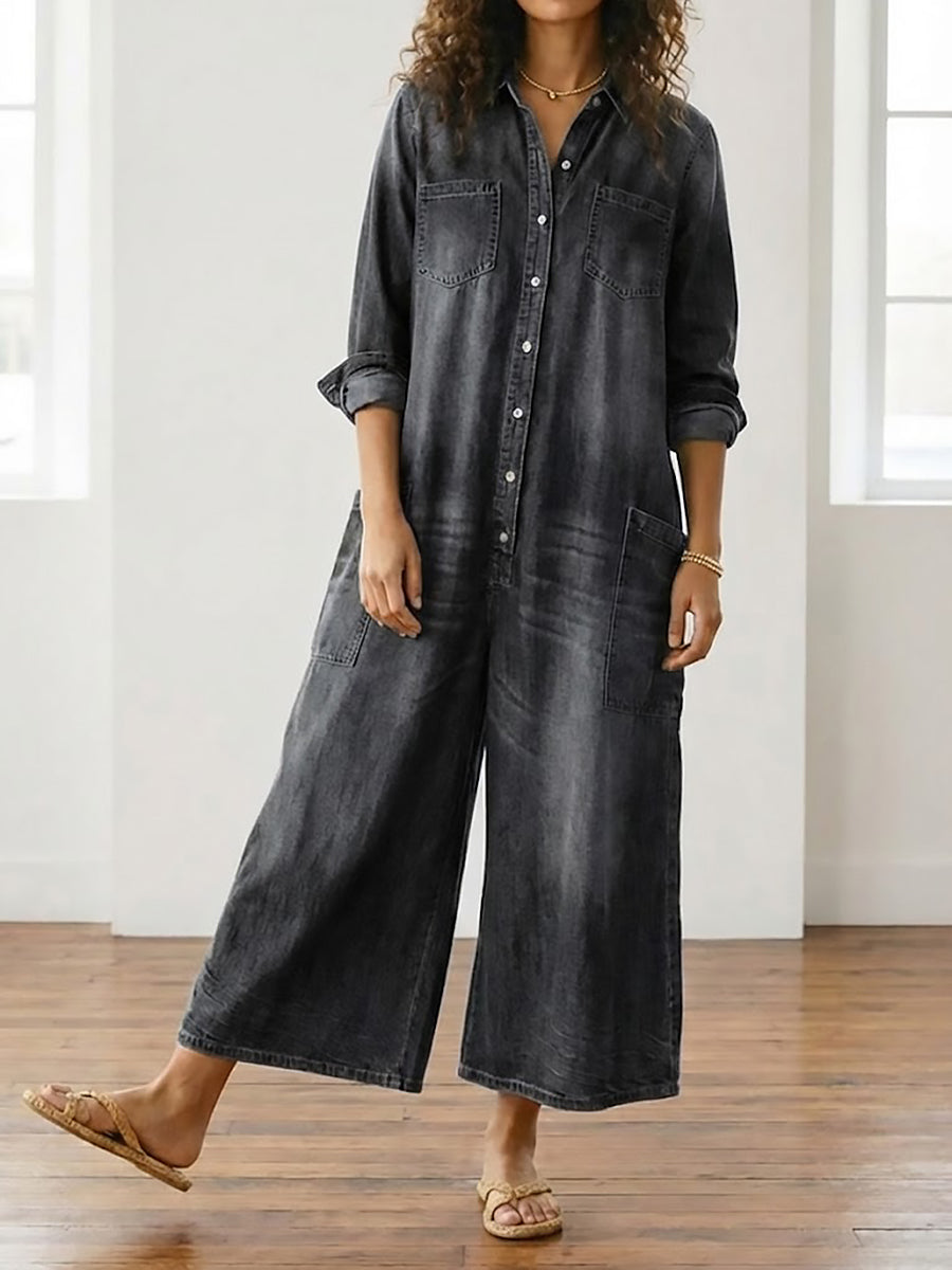 Diana | Vintage jumpsuit in denim cotone morbido lavato con bottoni