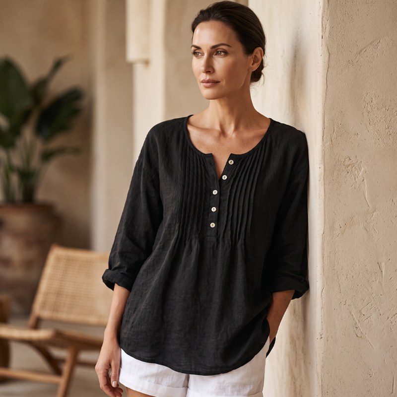 MIRANDA | Blusa de manga larga con pliegues y cuello Henley