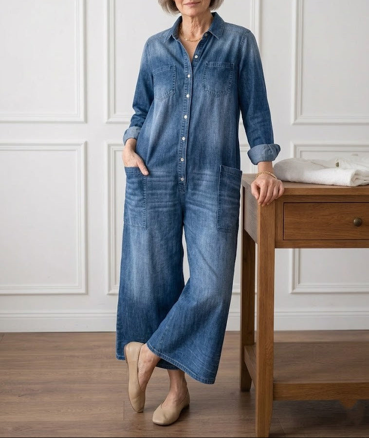 Diana | Vintage jumpsuit in denim cotone morbido lavato con bottoni