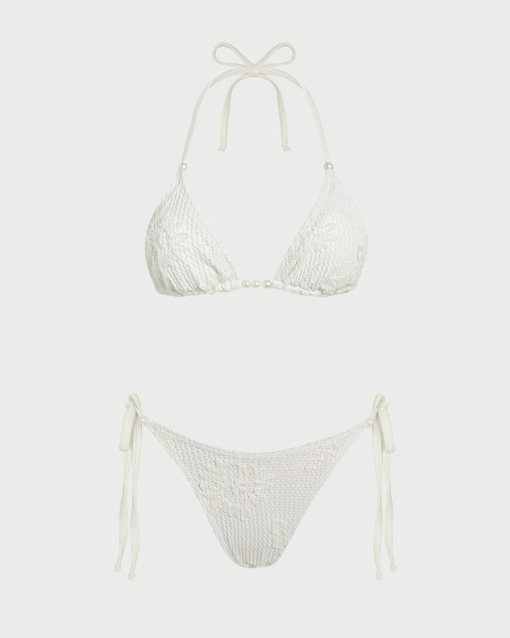 Off White Halter Drawstring Jacquard Bikini Set