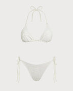 Off White Halter Drawstring Jacquard Bikini Set