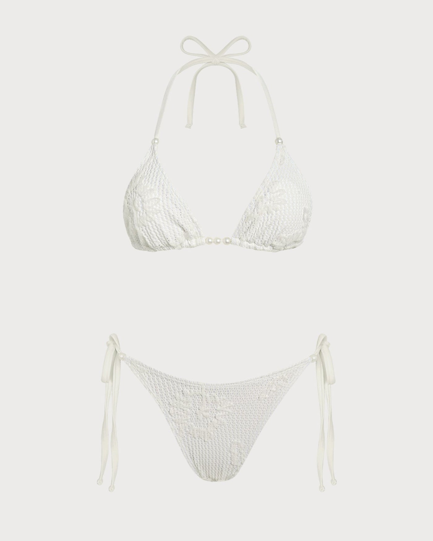 Off White Halter Drawstring Jacquard Bikini Set