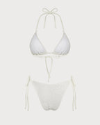 Off White Halter Drawstring Jacquard Bikini Set