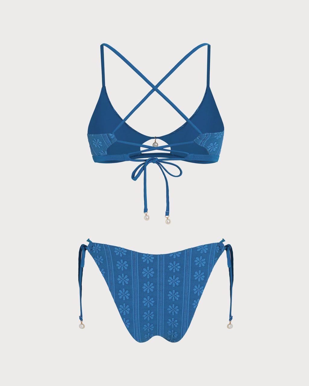 Blue U Neck Floral Textured Bikini Set